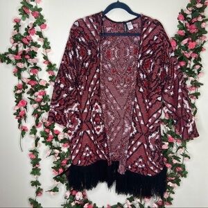 Divided Red White Southwestern Open Front Western Fringe Kimono Large Womens